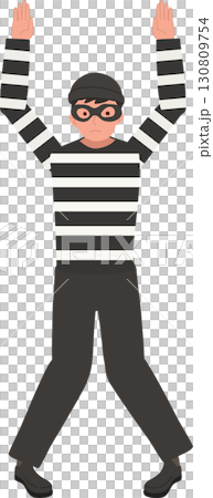 robber character wearing striped outfit black mask surrendering by hands raised 130809754