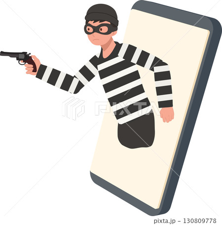 cyber crime online scam illustration showing hacker thief with gun emerging from smartphone symbolizing internet fraud and digital danger cyber crime online scam illustration showing hacker thief with gun emerging from smartphone symbolizing internet fraud and digital danger 130809778