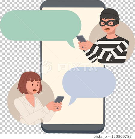 scammer chatting on mobile phone and woman victim conversation. online scam cybercrime concept. 130809782