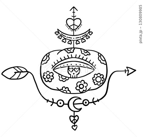halloween illustration. Abstract black and white mystical symbol featuring an eye, hearts, and floral motifs. 130809985