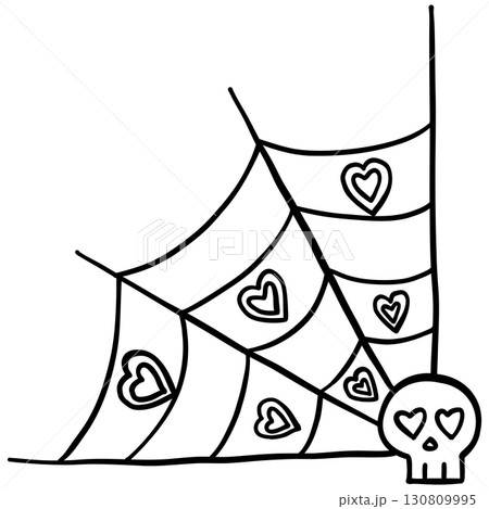 halloween illustration. Spider web with heart shapes and a skull with heart eyes in corner. 130809995