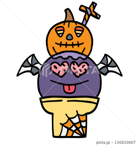 halloween illustration. Halloween-themed ice cream cone with pumpkin and bat wings design 130810007