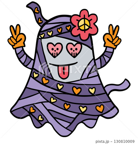 halloween illustration. Cute cartoon ghost with heart eyes, peace sign hands, and flower accessory. halloween illustration. Cute cartoon ghost with heart eyes, peace sign hands, and flower accessory. 130810009