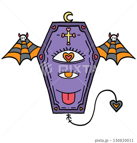 halloween illustration. Purple coffin with eyes, tongue, crescent moon, and bat wings with skulls. halloween illustration. Purple coffin with eyes, tongue, crescent moon, and bat wings with skulls. 130810011