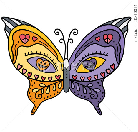 halloween illustration. Colorful butterfly with heart and peace symbols on vibrant wings 130810014