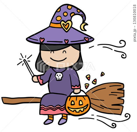 halloween illustration. Cute cartoon witch flying on broomstick with Halloween pumpkin bucket 130810018