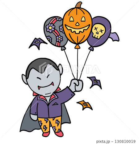 halloween illustration. Cute vampire cartoon holding Halloween-themed balloons and flying bats. 130810019