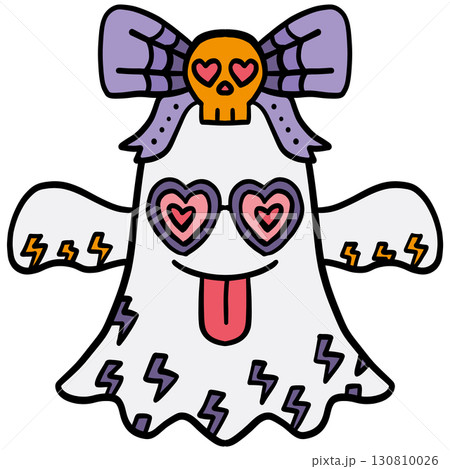 halloween illustration. Cartoon ghost with heart eyes, skull bow, and lightning bolt patterns. halloween illustration. Cartoon ghost with heart eyes, skull bow, and lightning bolt patterns. 130810026