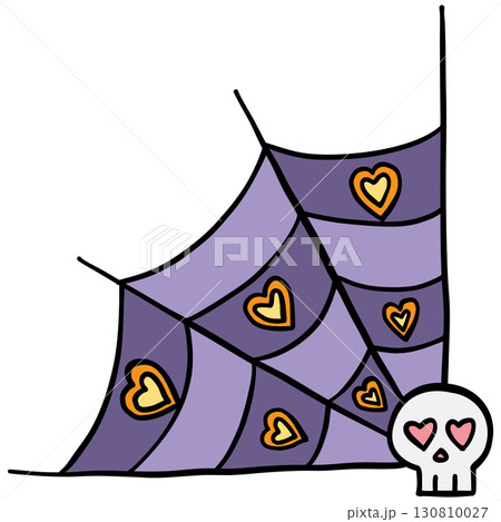 halloween illustration. Purple spider web with heart shapes and a skull with heart eyes. 130810027