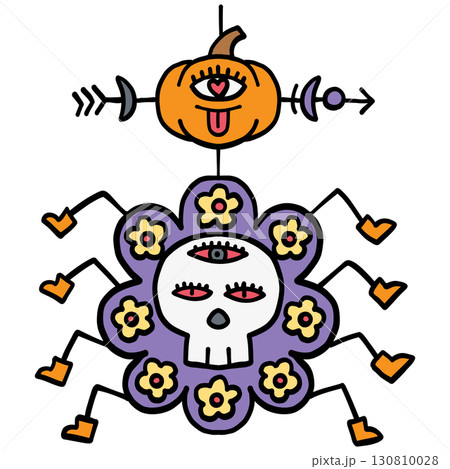 halloween illustration. Abstract Halloween design with a pumpkin and spider skull decorated with flowers 130810028