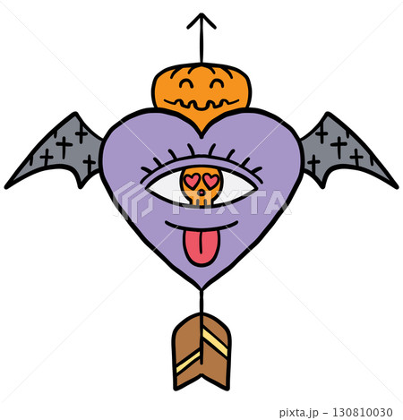 halloween illustration. Purple heart with eye, pumpkin, skull, wings, and arrow in Halloween style 130810030