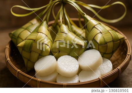 Decorative ketupat placed neatly in wooden festive round bowl 130810501