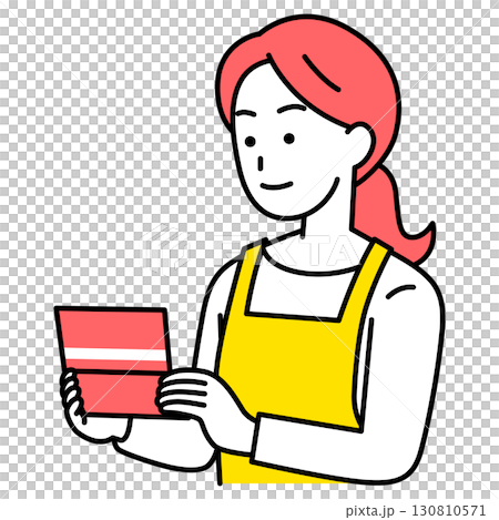 預金通帳を見るエプロン姿の女性 130810571