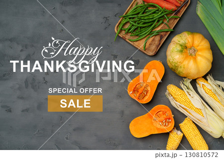 Thanksgiving celebration with fresh vegetables and special sale announcement Thanksgiving celebration with fresh vegetables and special sale announcement 130810572