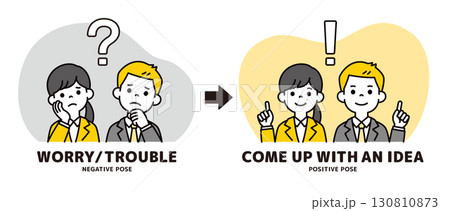 悩む表情と解決した表情の、就職活動をする20代の男性と女性のベクターイラスト素材 130810873