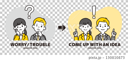悩む表情と解決した表情の、就職活動をする20代の男性と女性のベクターイラスト素材 130810873