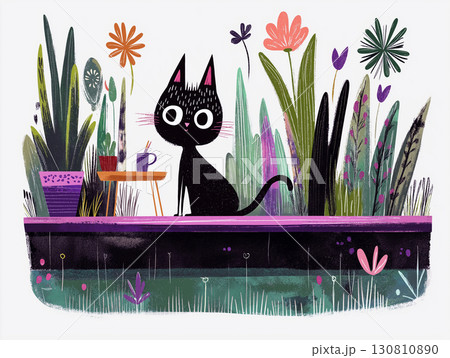 A cute black cat sits in the garden near a pond, surrounded by flowers and grass on a warm summer day. The curious pet watches the water quietly. AI-generated colorful illustration 130810890