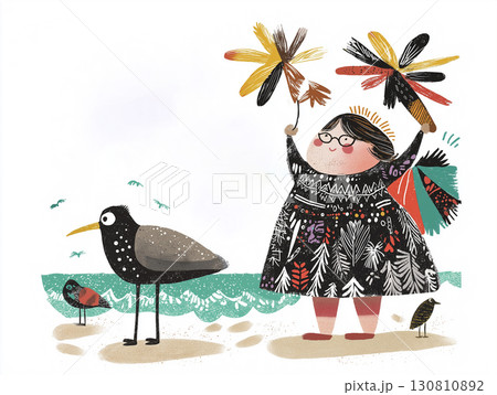A happy chubby woman at the beach surrounded by birds and kites. A curvy lady having fun near the sea.  AI-generated illustration 130810892