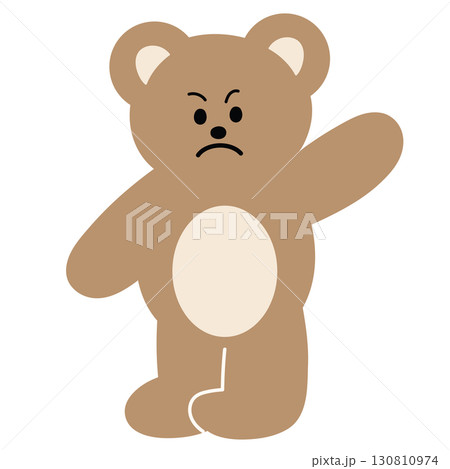 Illustration of angry teddy bear saying hello for expression, greeting card, mood, feeling, festive winter season, cartoon character, comic, mascot, standee, sticker, patch, zoo, souvenir shop 130810974
