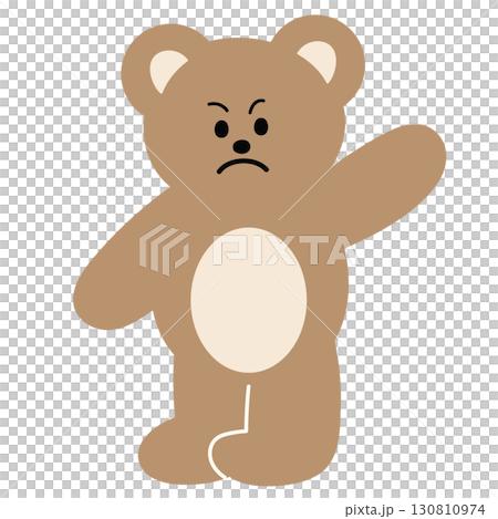 Illustration of angry teddy bear saying hello for expression, greeting card, mood, feeling, festive winter season, cartoon character, comic, mascot, standee, sticker, patch, zoo, souvenir shop 130810974