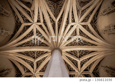 Intricate Gothic architecture of vaulted ceiling in historic cathedral 130811030