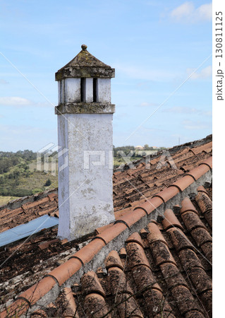 Chimney on a rustic house roof with clay tiles in a rural landscape under blue sky 130811125