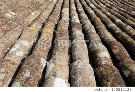 Roof tiles arranged in a wave pattern on an old building under natural sunlight 130811128