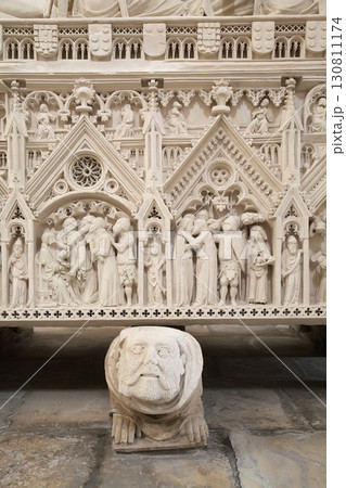 Alcobaca, Portugal - April 2, 2017 - Tomb of Ines de Castro with intricate carvings at Monastery Santa Maria Alcobaca, Portugal - April 2, 2017 - Tomb of Ines de Castro with intricate carvings at Monastery Santa Maria 130811174