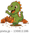 Cute Halloween Dinosaur Trick-or-Treating with Candy Bucket isolated on white background. 130811186