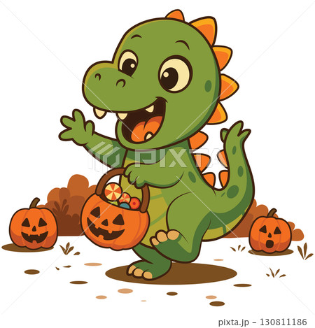 Cute Halloween Dinosaur Trick-or-Treating with Candy Bucket isolated on white background. 130811186