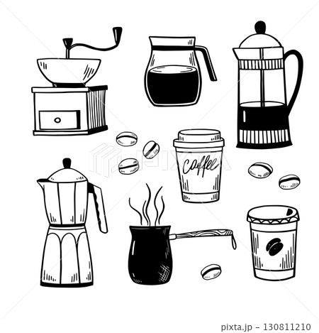 Set of coffee pots, coffee cups, grinder and percolator. Isolated design elements for menu, packaging. Black and white illustration. Set of coffee pots, coffee cups, grinder and percolator. Isolated design elements for menu, packaging. Black and white illustration. 130811210
