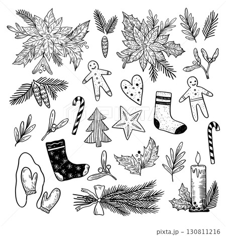 Set of Christmas black and white outline design elements, Christmas tree branches, poinsettia and holly. Hand drawn illustration Set of Christmas black and white outline design elements, Christmas tree branches, poinsettia and holly. Hand drawn illustration 130811216