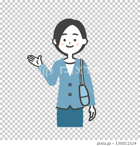 Illustration of a woman in a jacket style holding a bag under her arm 130811524