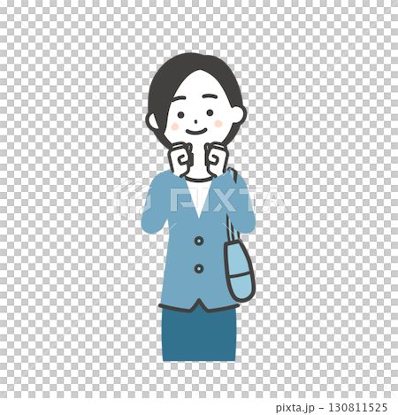 Illustration of a woman in a jacket style holding a bag in her hands 130811525