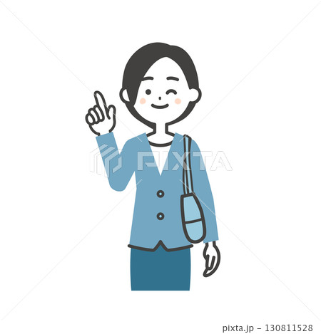指を立ててウインクするバッグを脇に抱えたジャケットスタイルの女性イラスト 130811528