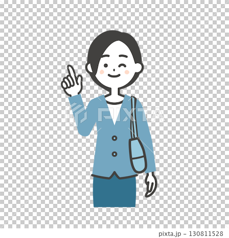 指を立ててウインクするバッグを脇に抱えたジャケットスタイルの女性イラスト 130811528