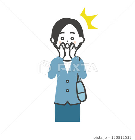 両手を口に当てて驚くバッグを脇に抱えたジャケットスタイルの女性イラスト 130811533
