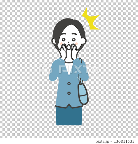 両手を口に当てて驚くバッグを脇に抱えたジャケットスタイルの女性イラスト 130811533
