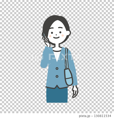 スマートフォンで話すバッグを脇に抱えたジャケットスタイルの女性イラスト 130811534