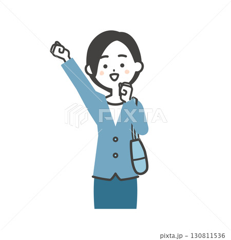 こぶしを突き上げるバッグを脇に抱えたジャケットスタイルの女性イラスト 130811536