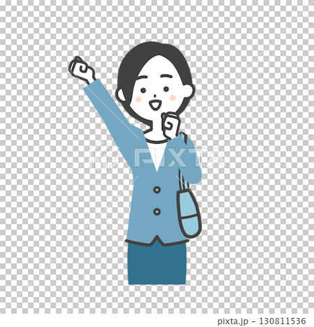こぶしを突き上げるバッグを脇に抱えたジャケットスタイルの女性イラスト 130811536