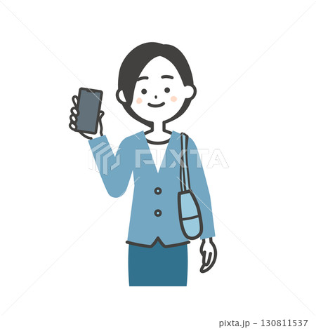 スマホを持つバッグを脇に抱えたジャケットスタイルの女性イラスト 130811537