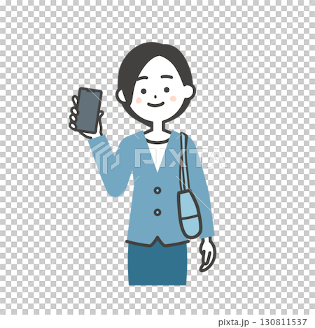 スマホを持つバッグを脇に抱えたジャケットスタイルの女性イラスト 130811537