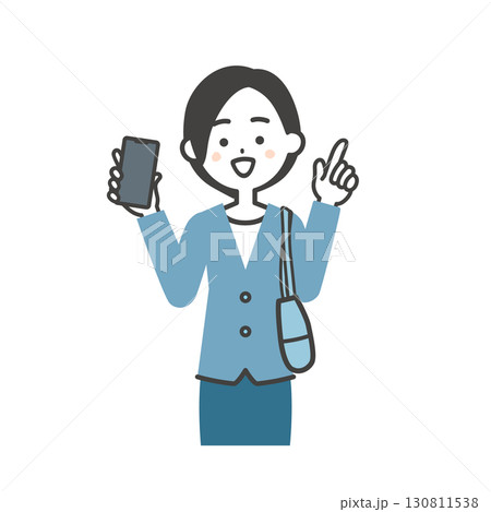 スマホをもって指を立てるバッグを脇に抱えたジャケットスタイルの女性イラスト 130811538