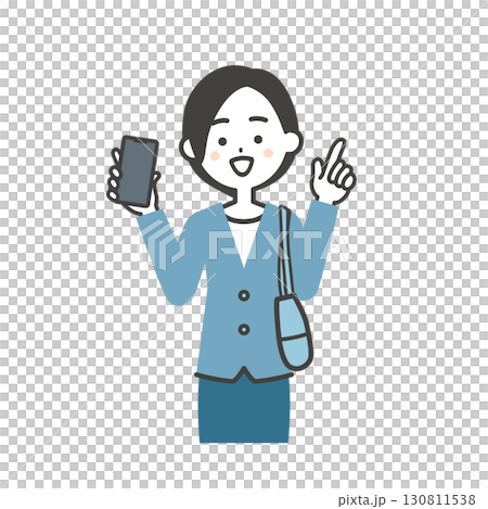 スマホをもって指を立てるバッグを脇に抱えたジャケットスタイルの女性イラスト 130811538