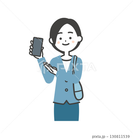 手に持ったスマホを指すバッグを脇に抱えたジャケットスタイルの女性イラスト 手に持ったスマホを指すバッグを脇に抱えたジャケットスタイルの女性イラスト 130811539