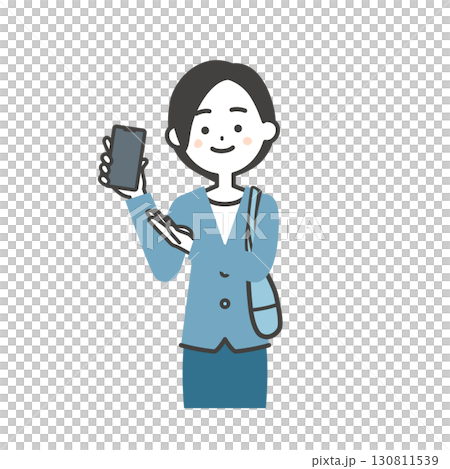 手に持ったスマホを指すバッグを脇に抱えたジャケットスタイルの女性イラスト 手に持ったスマホを指すバッグを脇に抱えたジャケットスタイルの女性イラスト 130811539