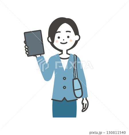 タブレットを持つバッグを脇に抱えたジャケットスタイルの女性イラスト 130811540