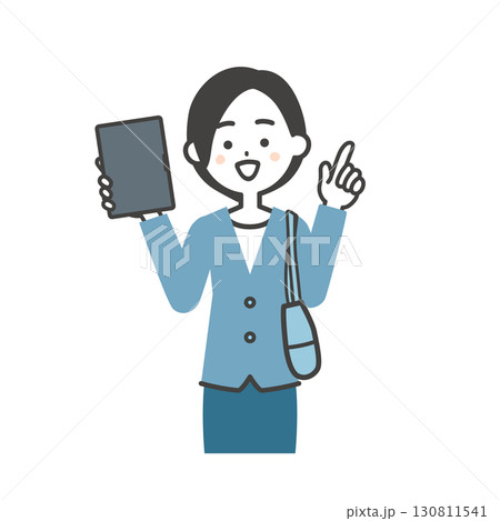 タブレットをもって指を立てるバッグを脇に抱えたジャケットスタイルの女性イラスト 130811541