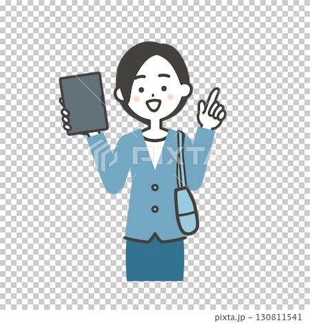 Illustration of a woman in a jacket style holding a tablet and a bag at her side 130811541